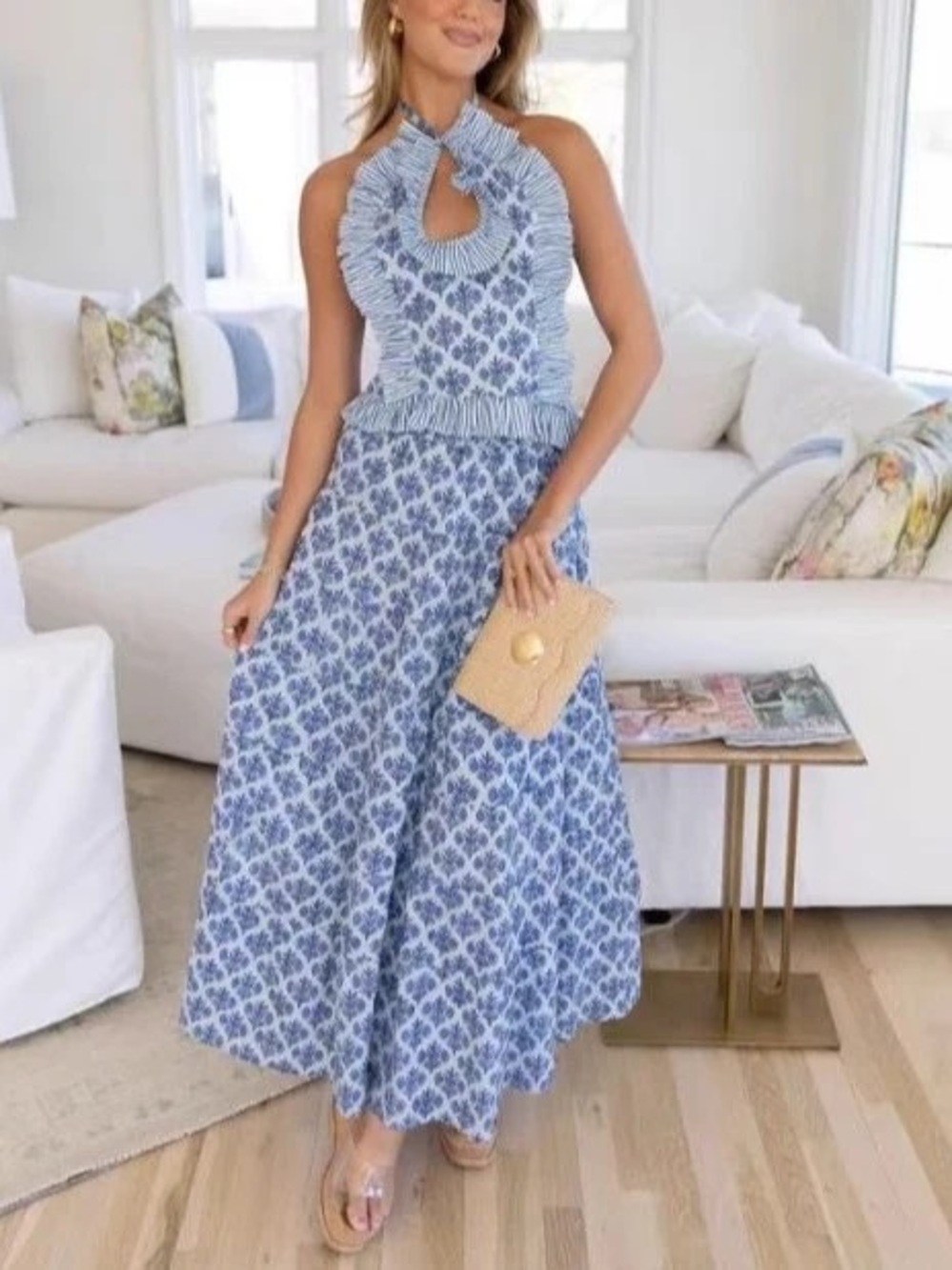 COCOLILLYS Blue Halter Maxi Dress with Keyhole Ruffle Detail